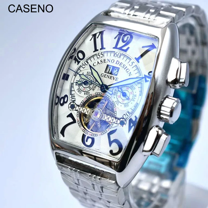 Top Luxury Brand Mens Automatic Mechanical Wristwatch Calendar Luminous Waterproof Stainless Steel Tonneau Skeleton Watch CASENO