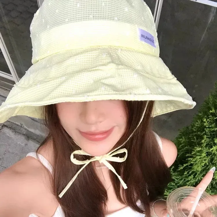 Korean-style Fresh Polka Dot Fisherman Hat for Women – Spring and Summer Versatile Sun-Protective Wide-Brim Tied Hat