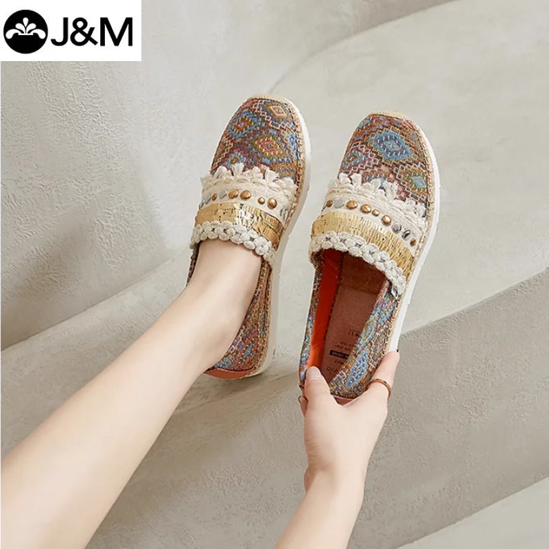 J & M-Espadrilles blanches Boho mocassins ronds Parker mocassins en caoutchouc à enfiler pour femmes, baskets décontractées pour filles