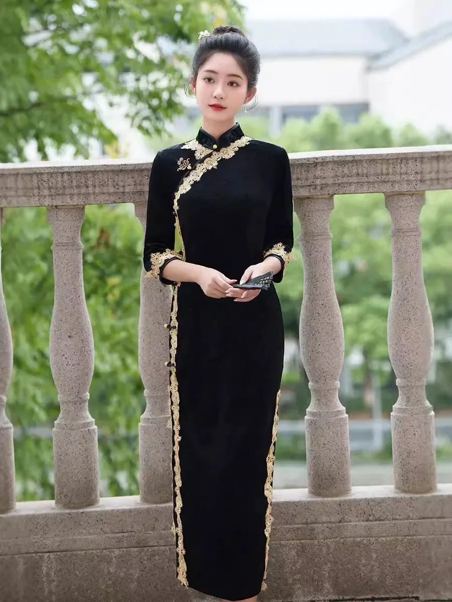 

Новое длинное и улучшенное бархатное платье Cheongsam в китайском стиле, осень 2024, новое ретро-платье, элегантное платье Ципао для молодых девушек