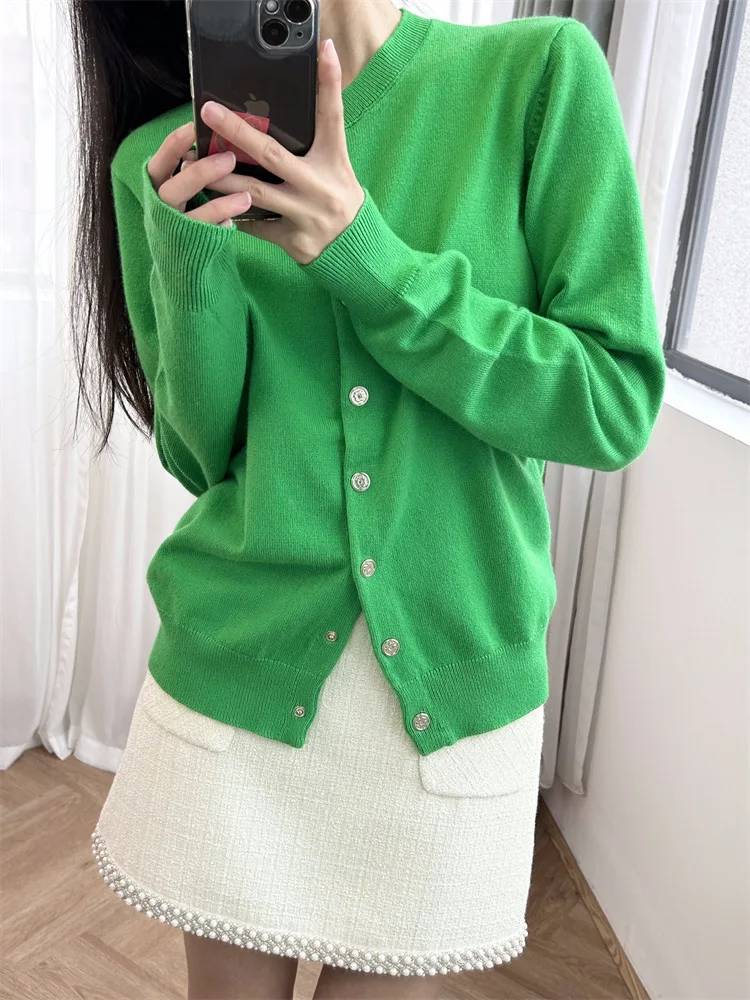 

Women Green Cardigan Single Breasted Long Sleeve O-Neck Casual Spring 2024 Sweater