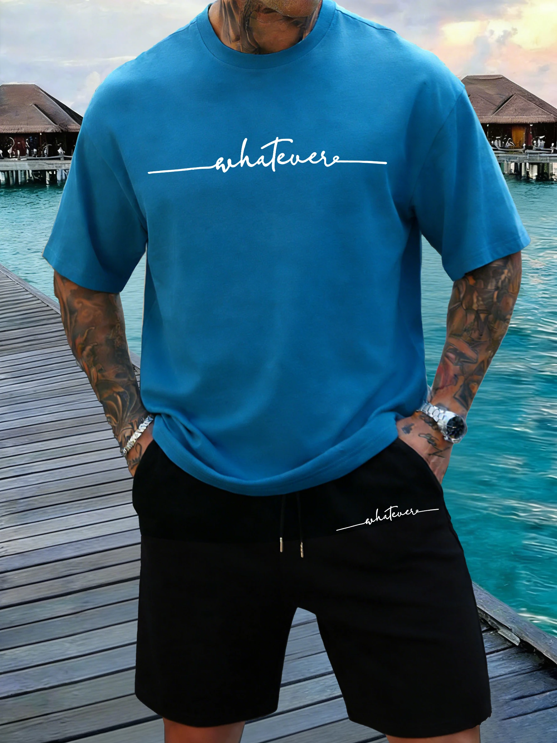 

Whatever Cursive Script Printing Summer Cotton Running Short Sleeve Set Man'S Drawstring New Pants Sport Soft Breathable Tees