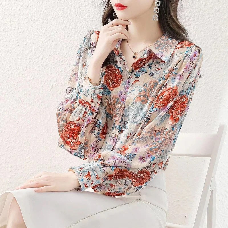 Lantern Long Sleeved Lapel Chiffon Shirt for Women 2023 Spring Autumn New Vintage Floral Print Button Loose Open Stitch Blouse