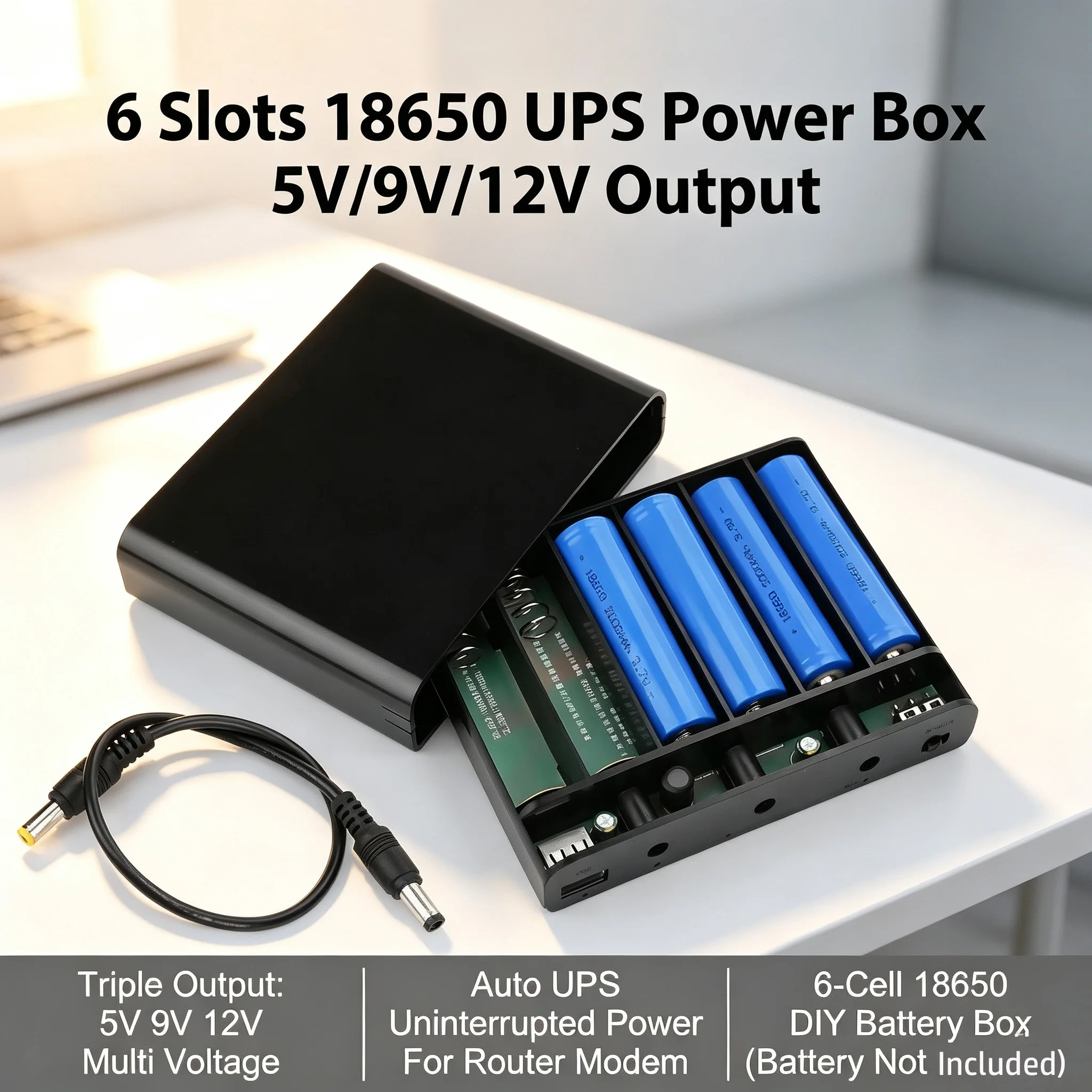 DC UPS 5V 9V 12V Output 6x 18650 Battery Uninterrupted Power Supply DIY Power Bank Box for House Router Cellphone Tablet Modem