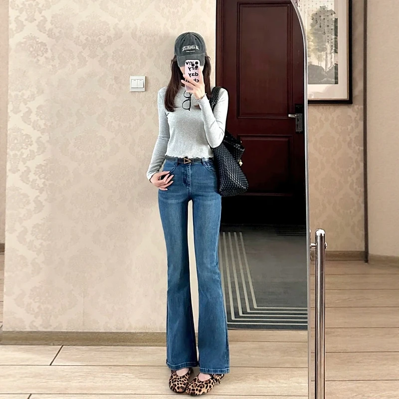 Jeans in denim Bot a campana foderati in Fce a vita alta retrò Pantaloni invernali da donna caldi e dimagranti drappeggiati fino al pavimento