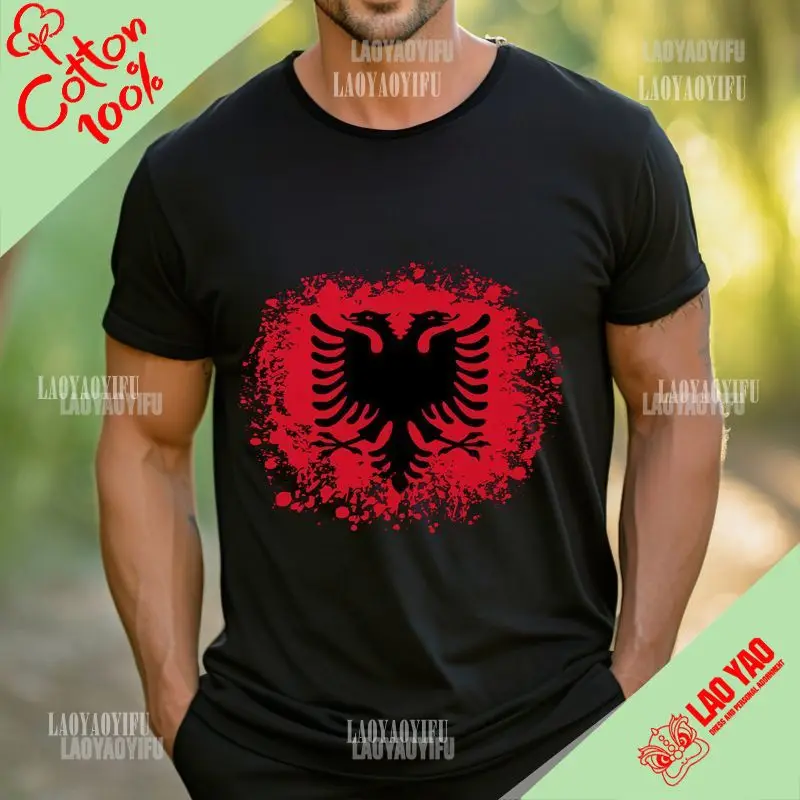 Men\'s T-shirt Albanian Flag Story Eagle Short Sleeve100% Cotton Shirt Round Neck Short Sleeve Clothes Harajuku Fashion Clothing