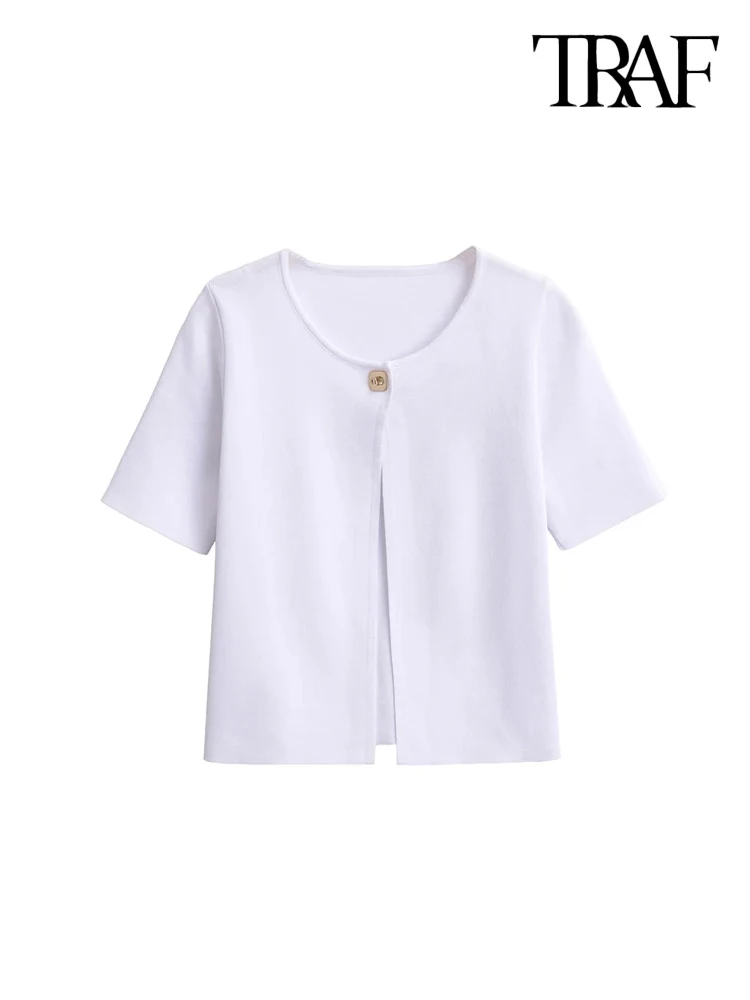 TRAF Women Fashion With One One Golden Button Cropped Knit Sweater O Neck Short Sleeve Female Pullovers Chic Tops