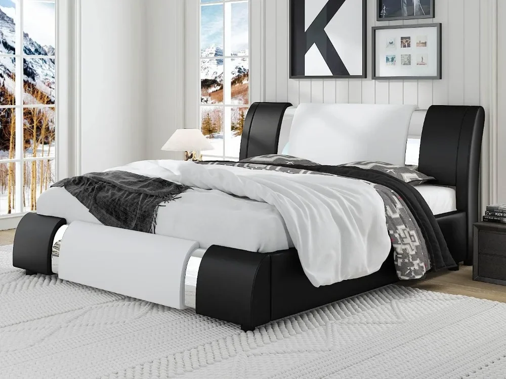 

Modern Faux Leather Queen Bed Frame with Adjustable Headboard and Iron Accents, Deluxe Upholstered Platform Bed