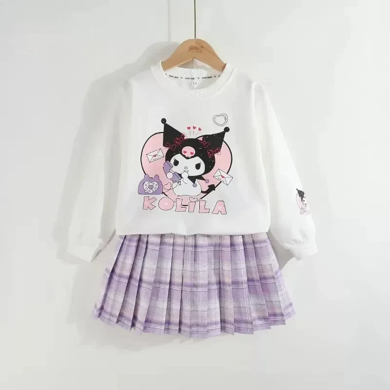 Anime Sanrio Children Clothes Kids Set Kuromi Long Sleeved Sweater Tops Checkered Pleated Skirt Girls Festival Clothing Gift