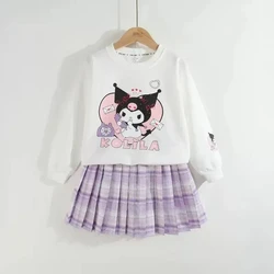 Anime Sanrio Children Clothes Kids Set Kuromi Long Sleeved Sweater Tops Checkered Pleated Skirt Girls Festival Clothing Gift