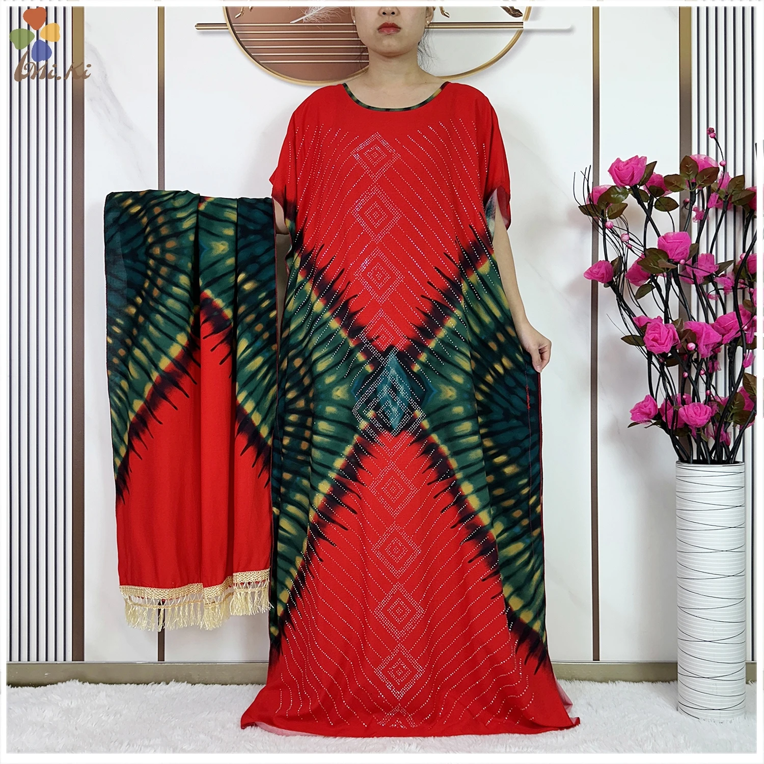 Muslim Fashion Women Loose Dress Diamond Printed Cotton Robe African Abaya Dress Islamic Women Clothing Paired with Big Scarf