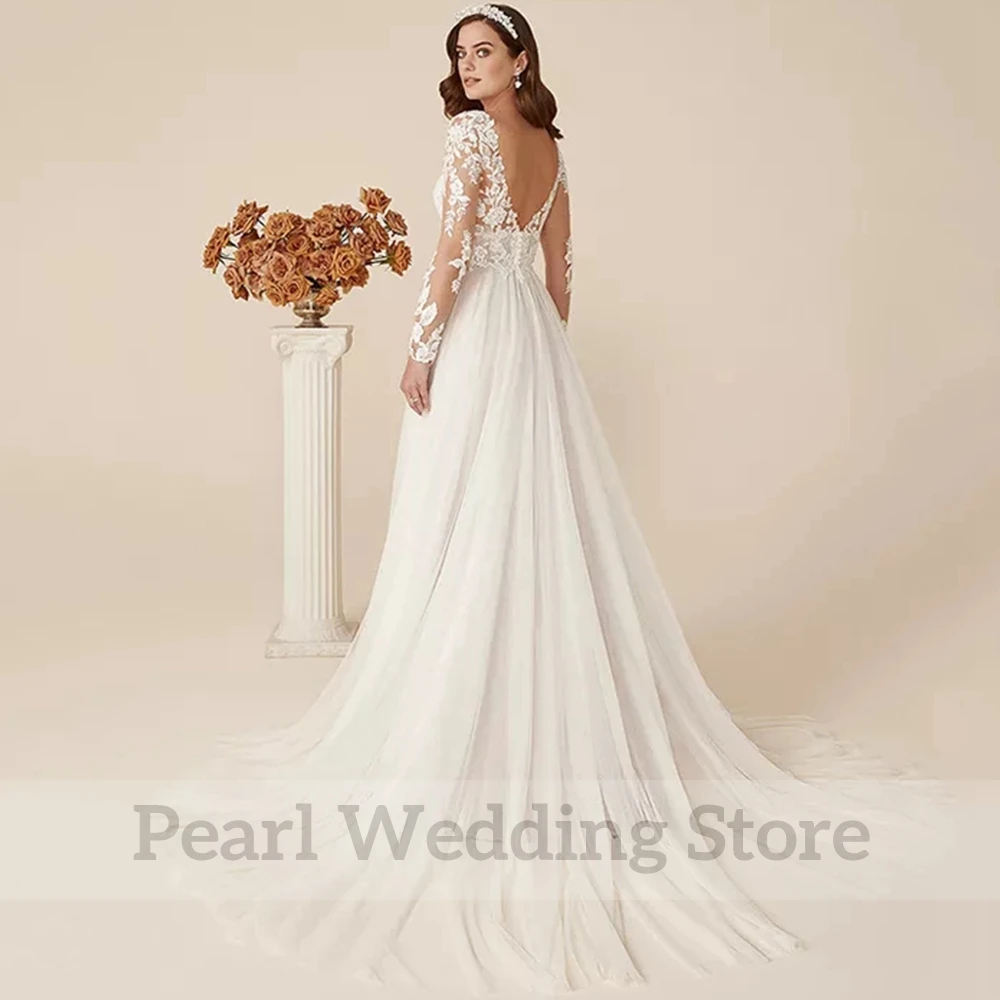 Classic Tulle Applique and Chiffon Wedding Dress Sexy Illusion  Open Back A-Line Floor Length Bridal Custom Made Gowns