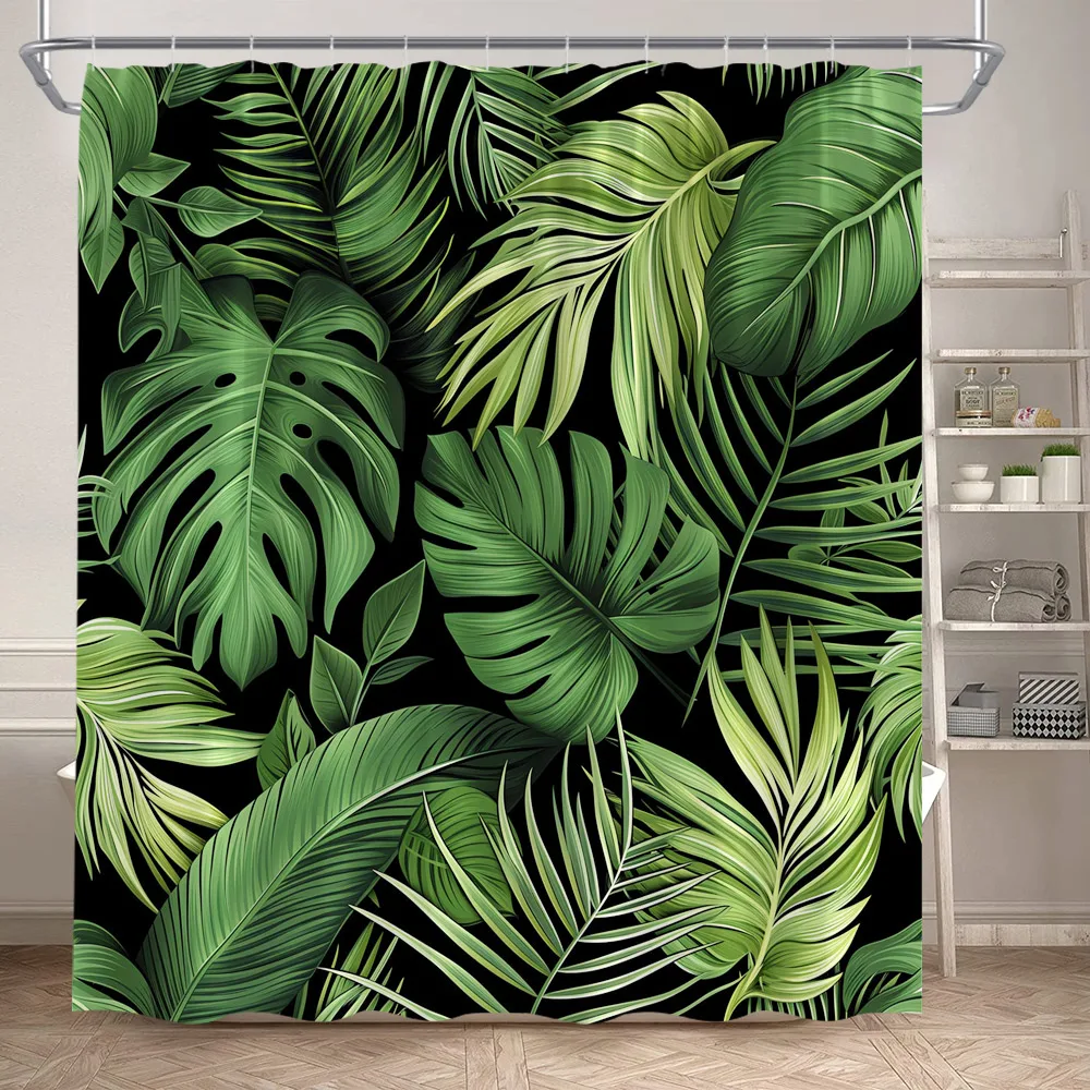 Tropical Leaves Shower Curtains Watercolour Green Palm Leaf Monstera Bath Curtain Black Polyester Home Bathroom Decor with Hooks