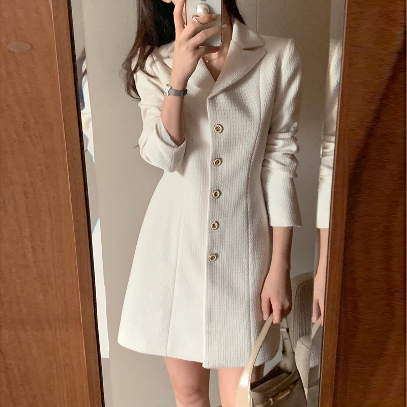 Long Sleeve French Elegant Commuter Vestidos Collar Long Sleeve Single-breasted Slim Casual Tweed Dress Women Autumn Winter