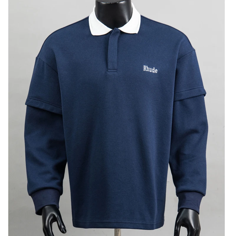 New Arrivals Rhude Long Sleeve Embroidery Polo Shirt Streetwear Splicing Fashion Lapel Sweatshirt Loose Casual T-Shirt