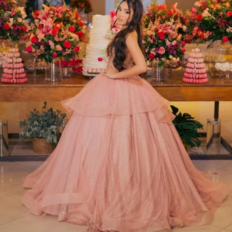 Champagne Quinceanera robe cristal paillettes décalcomanie dentelle superposition longue queue robes De 15 Quinceanera ﻿ Personnaliser