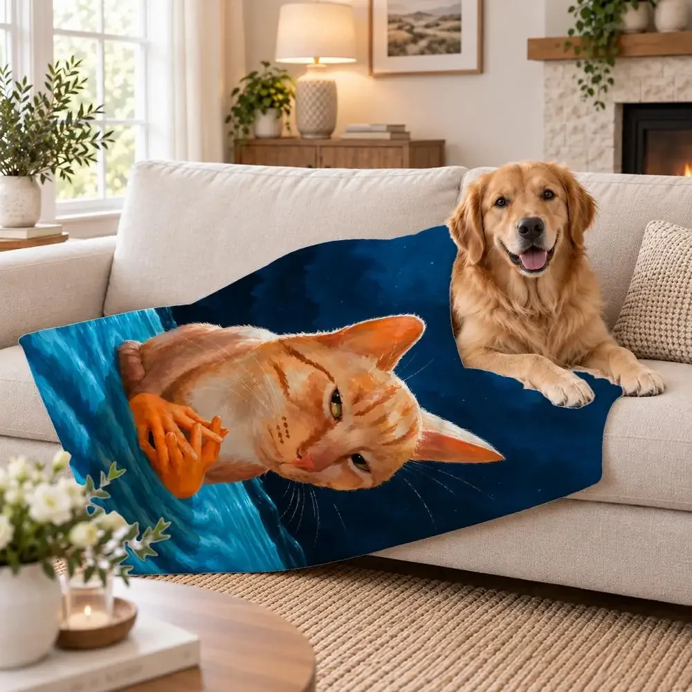 Pattern Cute Cuddly Orange Cat Express Throw Soft Plush Flannel Pet Blanket, Home Decor Cover for Sofa, Bed, Trip & Picnic