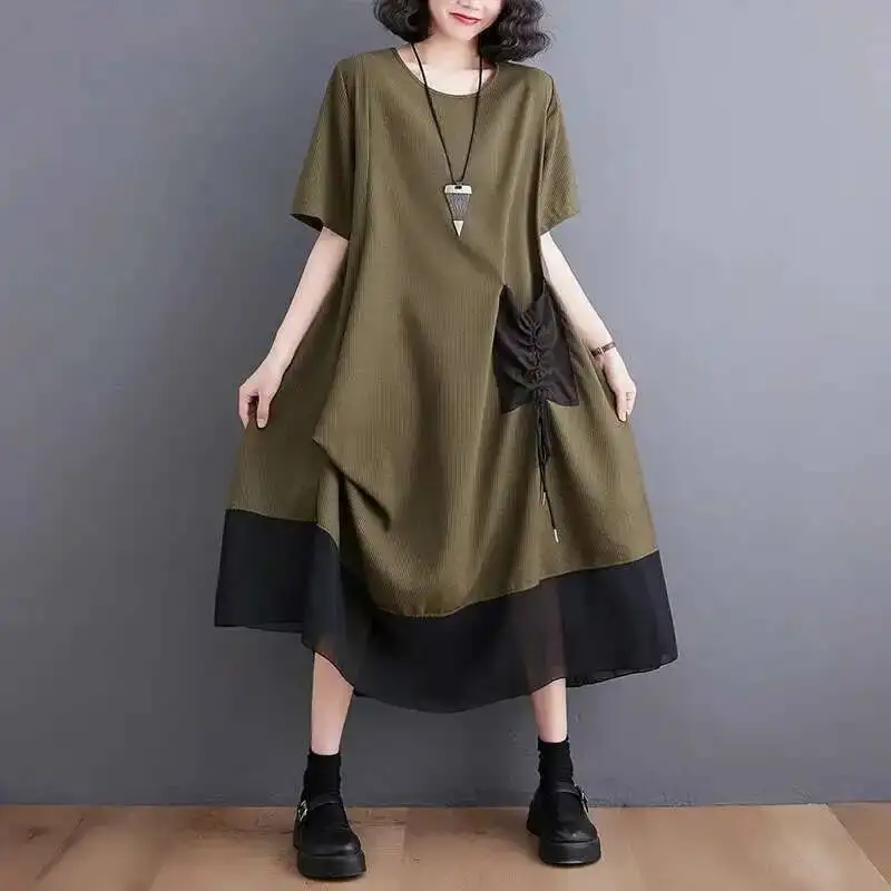 #3336 Black Green Grey Striped T Shirt Dress Women Pockets Loose Folds Spliced Mesh Asymmetrical Midi Dress Short Sleeve Summer