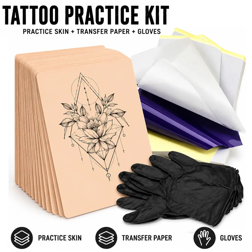 Tattoo Practice Skins with Tattoo Transfer Paper Fake Skin Stencil Paper Gloves Kit for Tattoo Beginners Artists Accessories Set