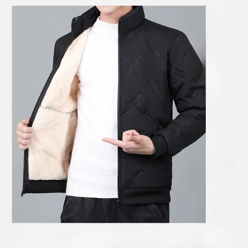 

Winter Solid Color Coat Men's Fleece Windproof Thickened Cotton-padded Coat Loose Large Size Stand-up Collar Thermal Jacket