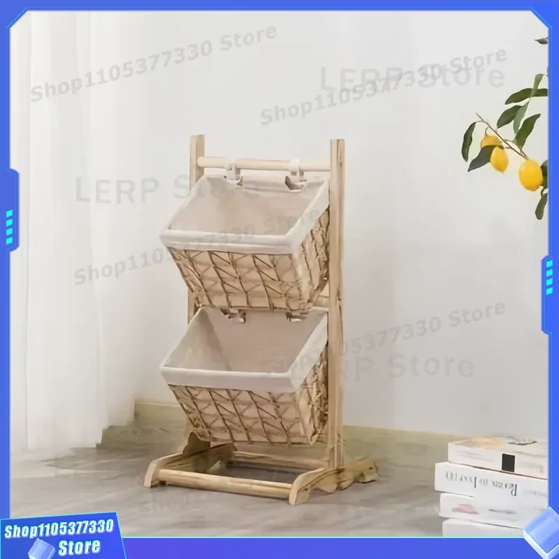 Multi Layer Rattan Hanging Basket Beech Wood Floor Standing Storage Rack for Bedroom Bathroom Durable Classic Design Home