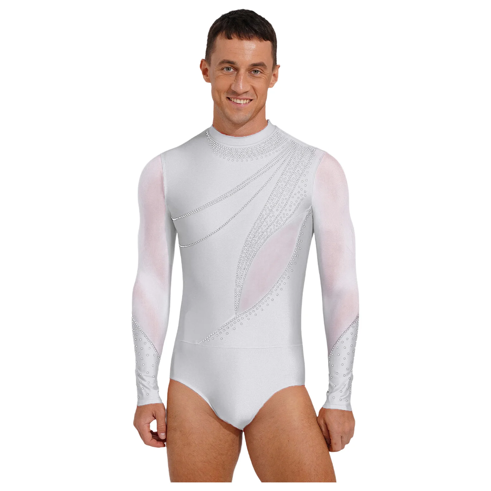 

Men Latin Dance Figure Skating Bodysuit Glittery Mesh Long Sleeve Openable Crotch Leotard for Gymnastics Ballet Dance Jumpsuit
