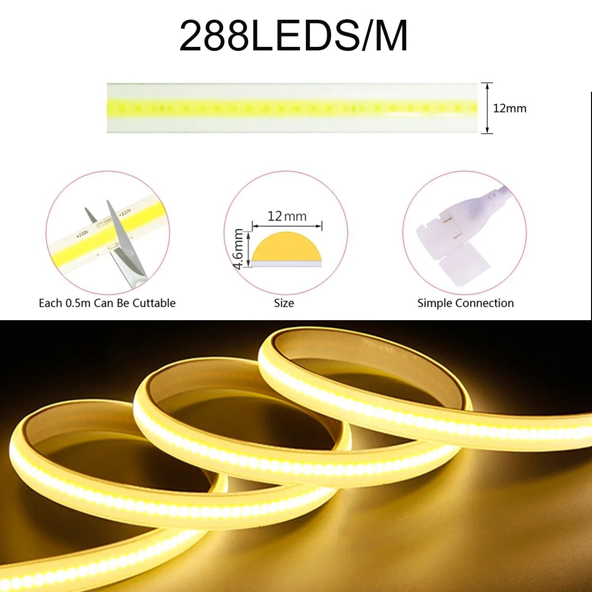 AC220V Super Light Zigbee COB LED Strip Light EU Wodoodporna jednolita emisja światła bez punktu elastyczna 288LED/m dla inteligentnego życia