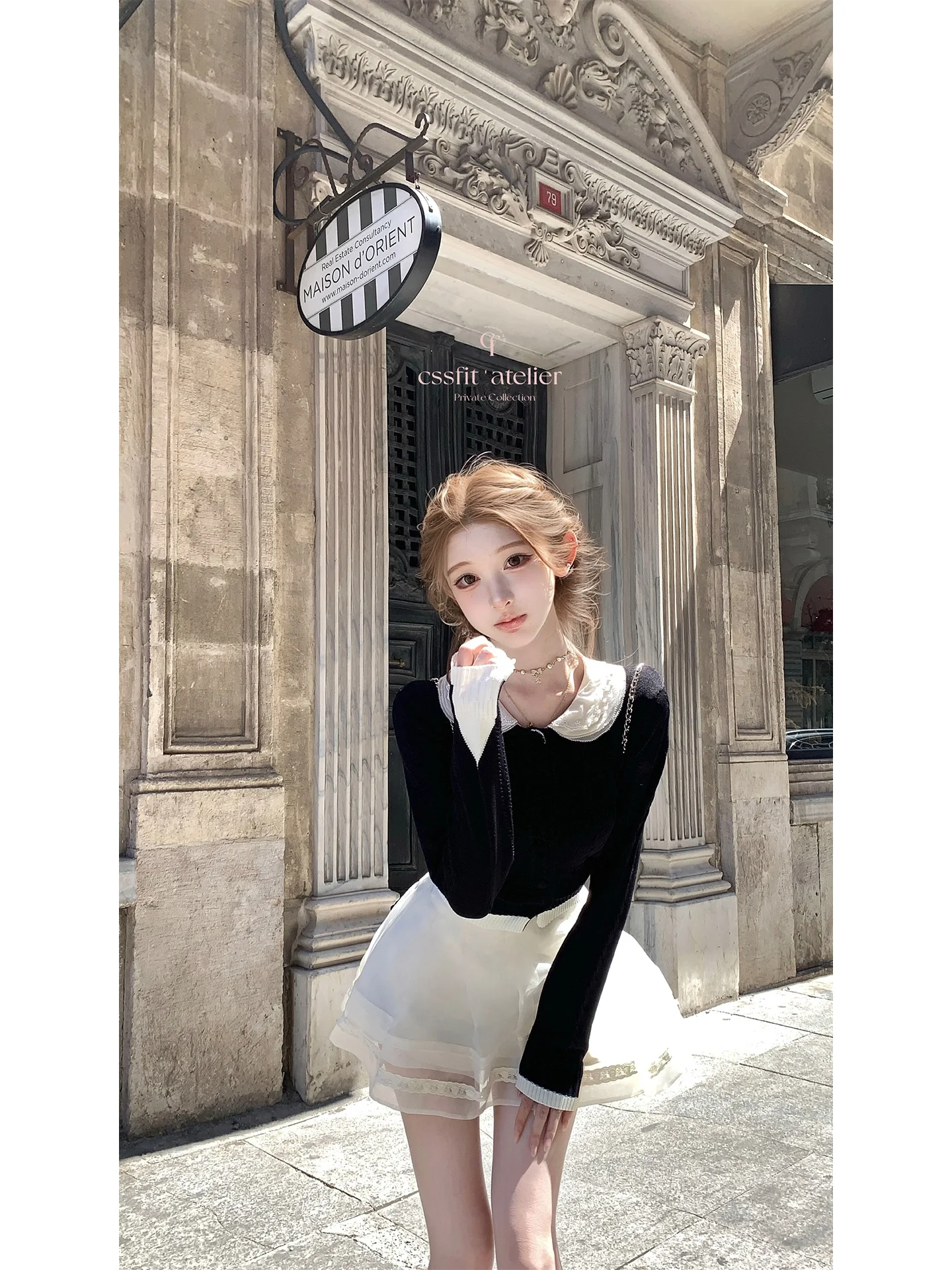 

Bla Open Cardigan Doll Collar Bead Embellied Detachable Women's Long Sve Knitted Sweater Handmade Night Amber Praise