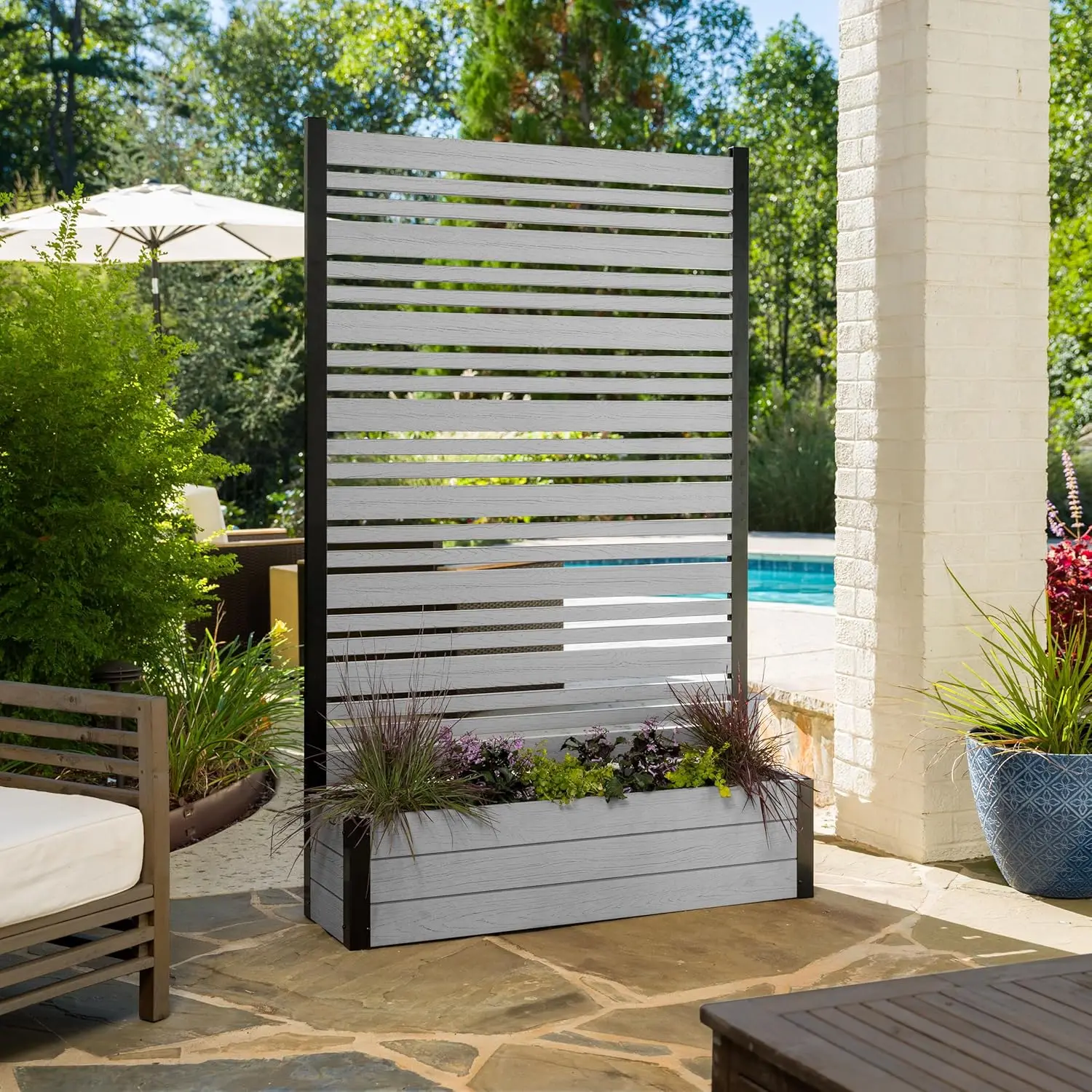 

6ft H x 3.8ft W x 1ft L (1 Screen w/Planter) Freestanding Enclo Florence Ash Color Patio Privacy Screen with Planter Box