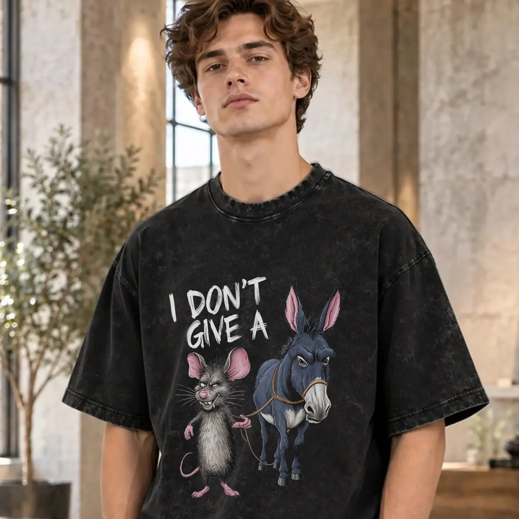I Don't Give a Rats Ass Mouse Donkey Funny Men T Shirt Washed  Vintage Tees Short Sleeve Crewneck T-Shirts Summer Clothes