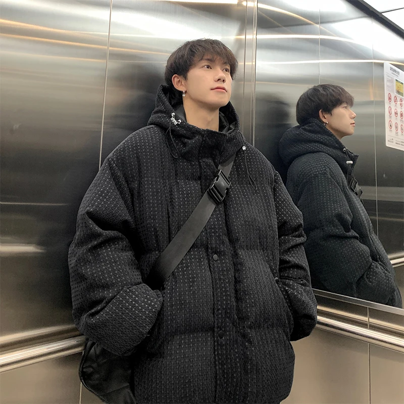 

Thiened Cotton Jaet Men's Winter Korean Sle Trendy Youth Loose Bread Sle Coat Warmth Hooded Zipper Closure Casual Wear