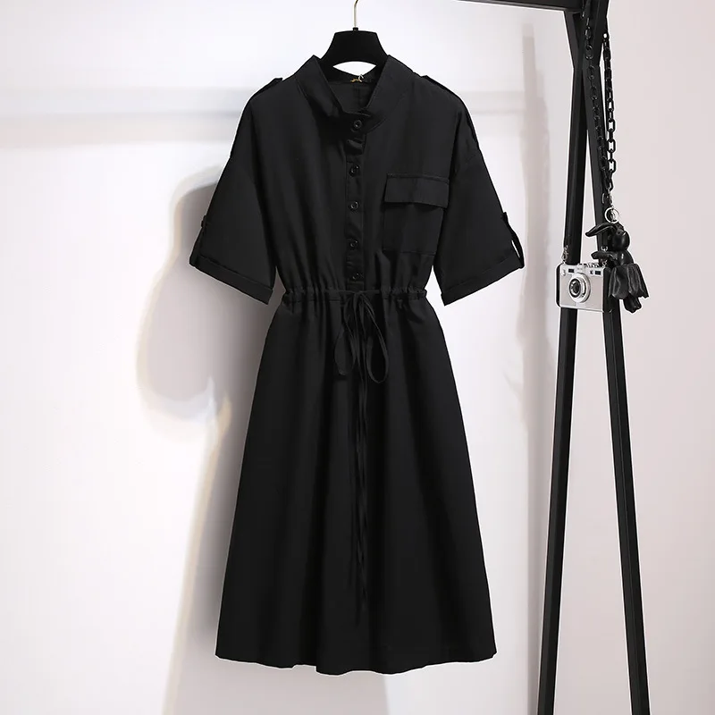 150Kg Plus Size Women's Summer Loose Cotton Shirt Dress Bust 152cm 5XL 6XL 7XL 8XL 9XL Temperament Waist Dress Black Khaki