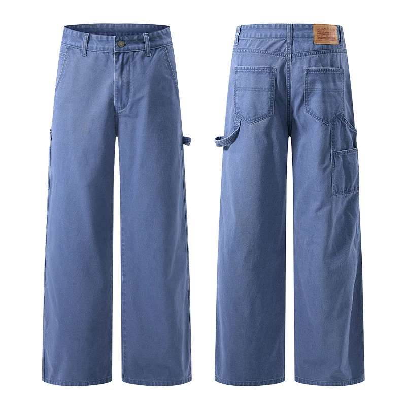 Calças Casuais Estilo Americano Lavadas, Jeans de Algodão de Cintura Baixa com Corte Reto e Ajuste Solto para Homens e Mulher...