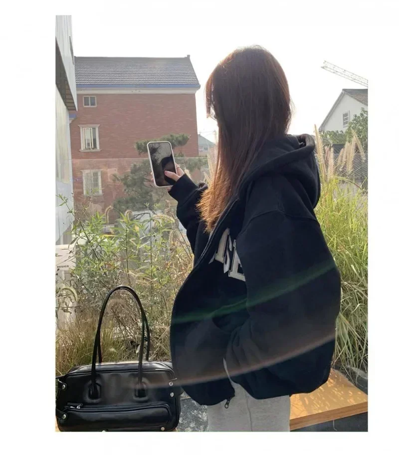 Hip Hop Zip Up Hoodies Women Harajuku Vintage Oversized Sweatshirts Loose Casual All-match Letter Print Y2k Tops Korean Fashion