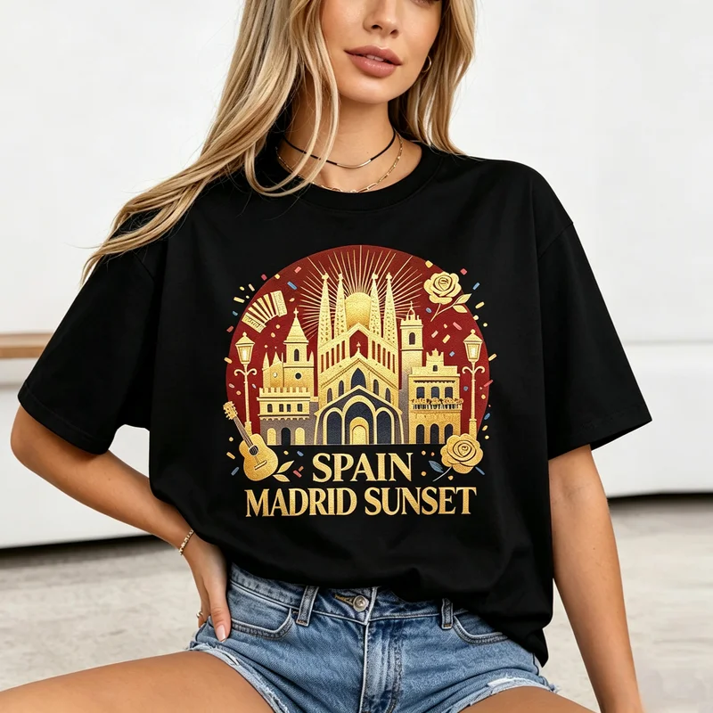 Vintage Spain Madrid Sunset Graphic T Shirt Women Retro Spanish City Travel Souvenir Casual Sleeve Holiday Vacation Tee Tops