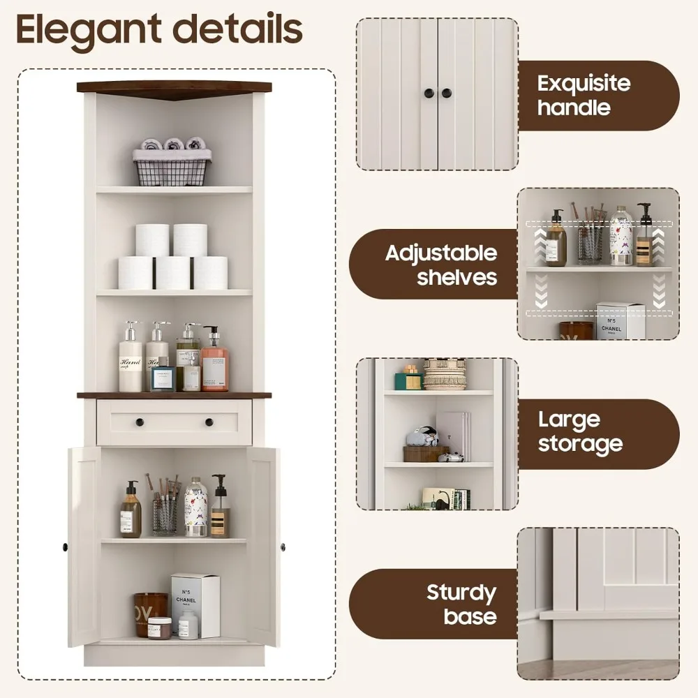 Tall Corner Bathroom Storage Cabinet with Small Drawer for Bathroom, Kitchen, Living Room, Rustic Style Cabinet, White