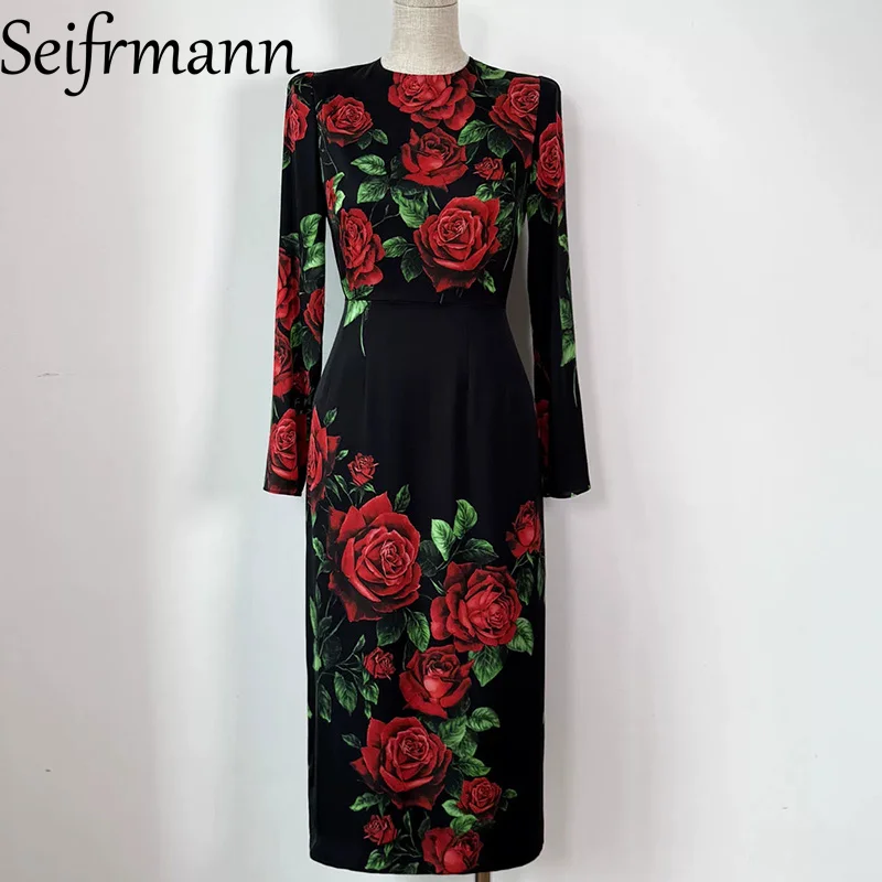 Seifrmann Casual Printed Silk Dress Round Neck Long Sleeve Waist Cover Hip Dress 2026 Autumn Women's New Style