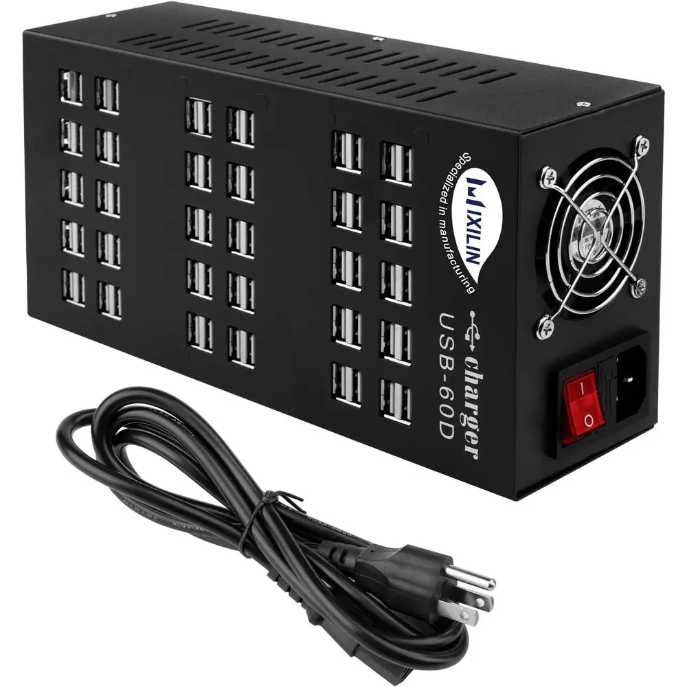 60-Port 300W USB Charging Station with Intelligent Protection for Tablets and Smart Devices in Schools and Hotels