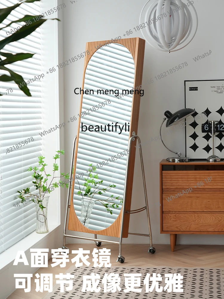 Modern Solid Wood Dressing Mirror Full Body Floor Mirror Home Fitting Mirror Bedroom Movable Adjustable Magazine Rack