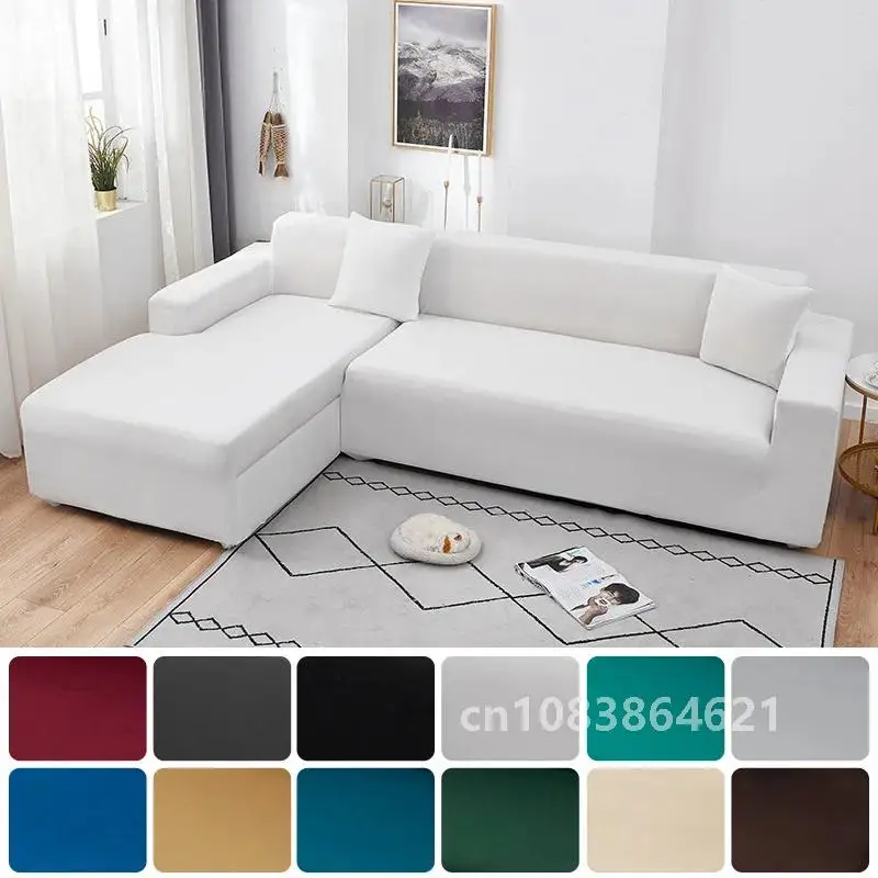 

Elastic Solid Color White Sofa Covers for Living Room Corner Couch Cover L Shaped Chaise Longue Chair Slipcovers 1/2/3/4 Seater