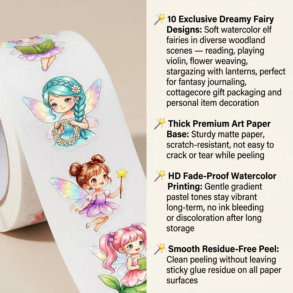 500Pcs Watercolor Cute Woodland Fairy Roll Sticker Set Dreamy Elf Cirl Decals Journals & Planners Stationery Packaging Labels