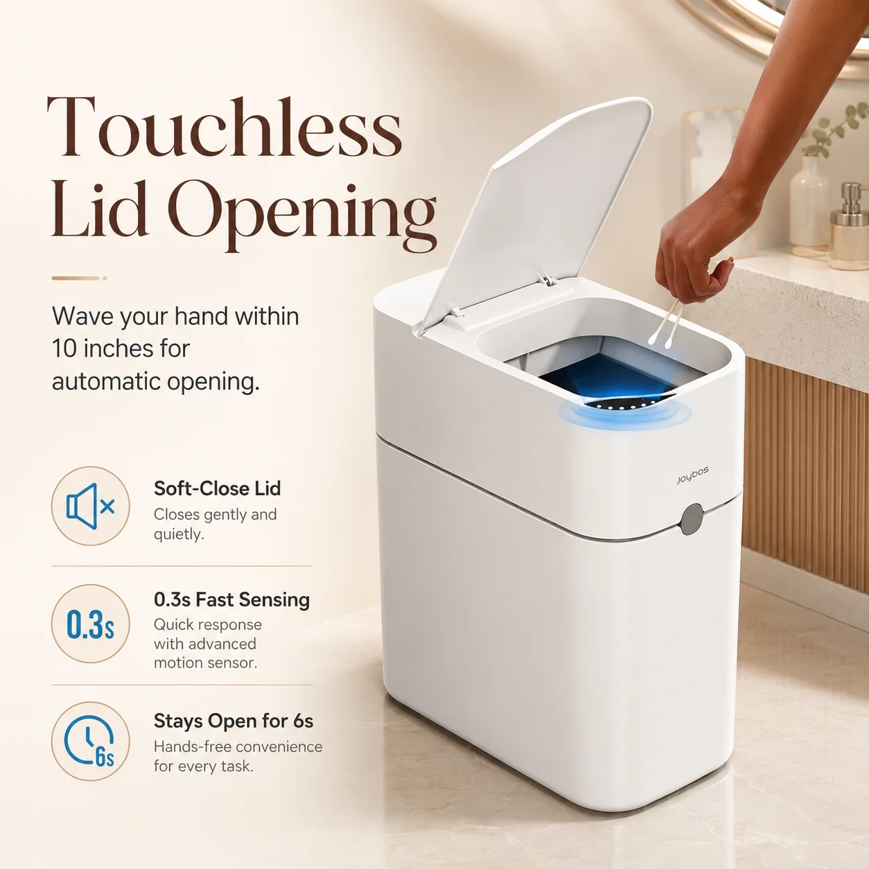 

JOYBOS Touchless Trash Can with Motion Sensor & Auto Bag-Suction System, Hands-Free Operation Suitable for Small Spaces, Compact Waste Bin with Press-to-Open Lid, ABS/Polypropylene Garbage Pail, RV, Narrow Corners, RV Essentials