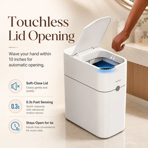 JOYBOS Touchless Trash Can with Motion Sensor & Auto Bag-Suction System, Hands-Free Operation Suitable for Small Spaces, Compact Waste Bin with Press-to-Open Lid, ABS/Polypropylene Garbage Pail, RV, Narrow Corners, RV Essentials