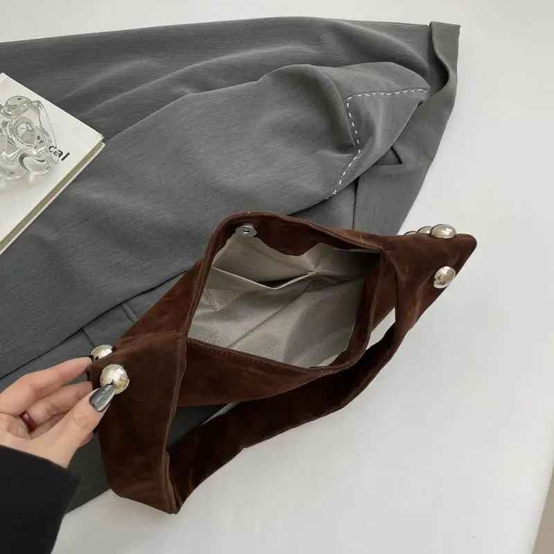 حقيبة يد نسائية من جلد الغزال المتشرد مرصعة بالكتف بلون سادة حقيبة يد عصرية للعمل والسفر والتسوق #4