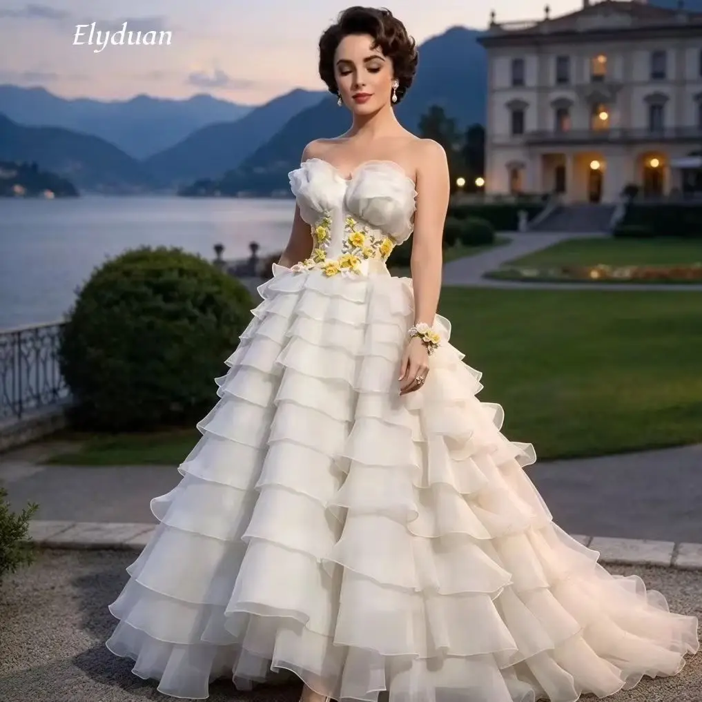 Strapless Yellow Floral Appliqué Wedding Dress Tiered Ruffle Organza Ball Gown Vintage Bridal Gowns Customized