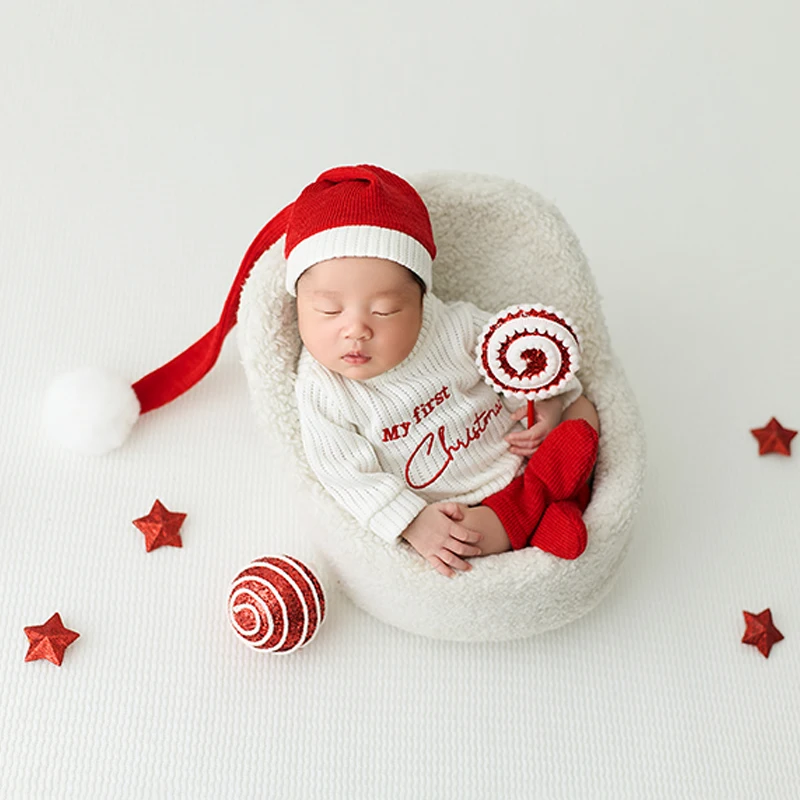 Baby gebreide romper + kerstmuts, pasgeboren kerst fotografie outfit, gigantische snoepgoed kussen lolly decor voor baby fotoshoots