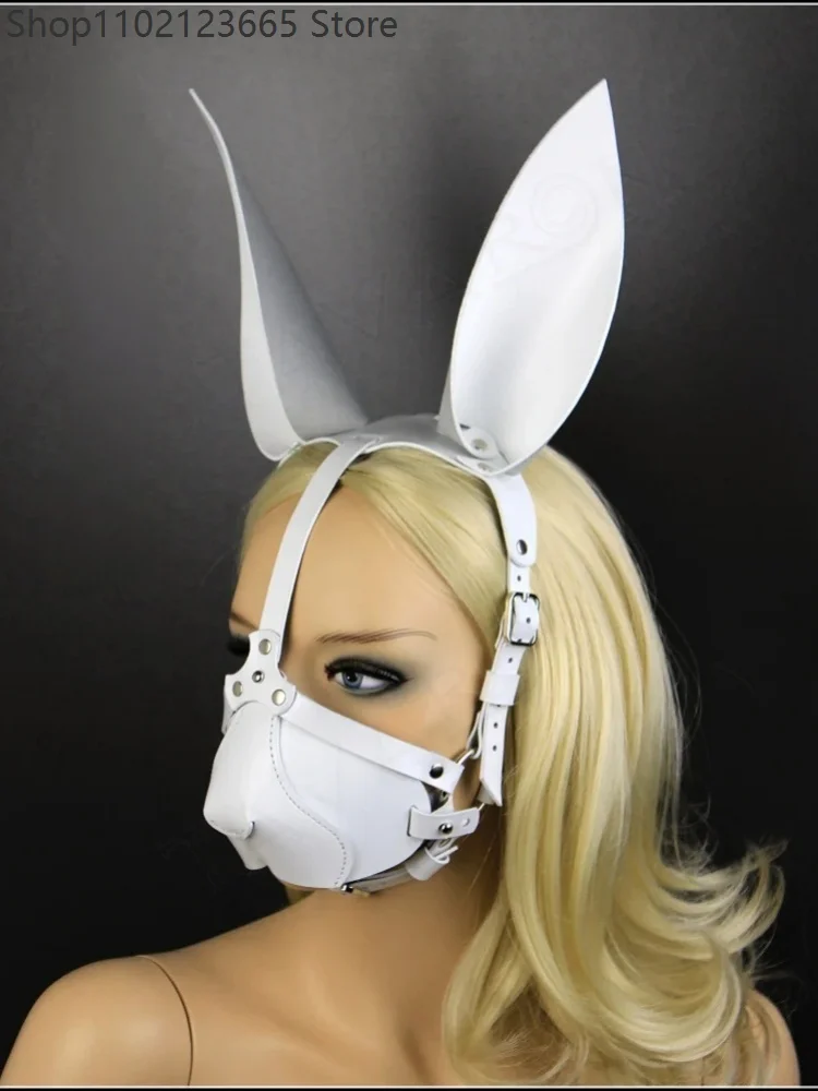 Faux Leather Long Bunny Ear Rabbit Mask Adjustable Harness Face Mask Adult Halloween Cosplay Masquerade Party Costume Accessory 4
