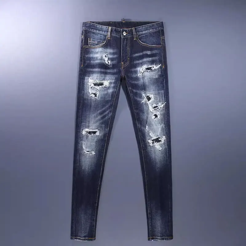 Men Dark‑Blue Tiger Stripe Washed Multi Raw‑Edge Ripped Distressed Stretch Skinny Denim Jeans Hip‑Hop Streetwear Denim Jeans y2k