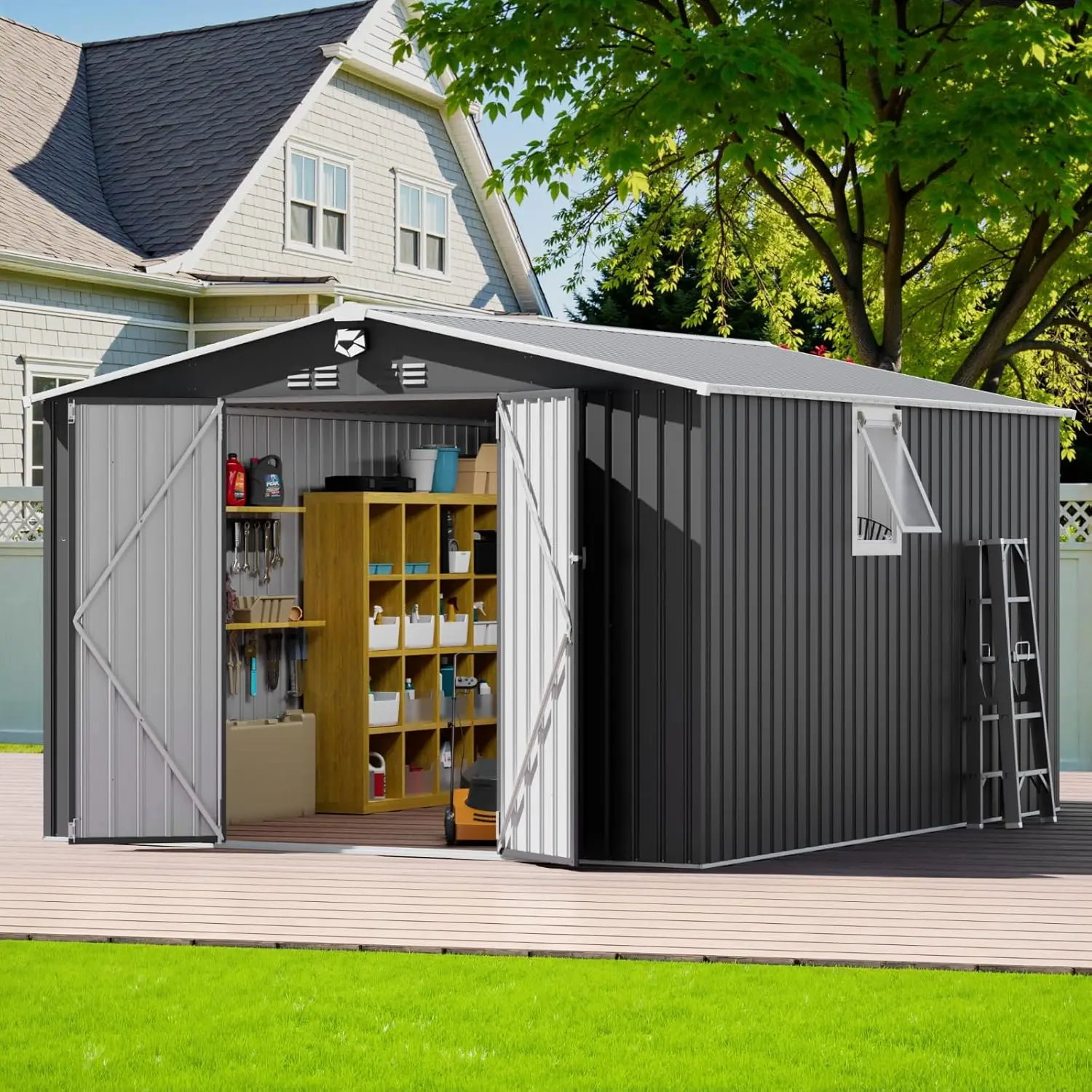 

10x12 FT Metal Outdoor Storage Shed Garden Tool Shed with Lockable Doors 1 Vented Clear Window Customizable for Organization