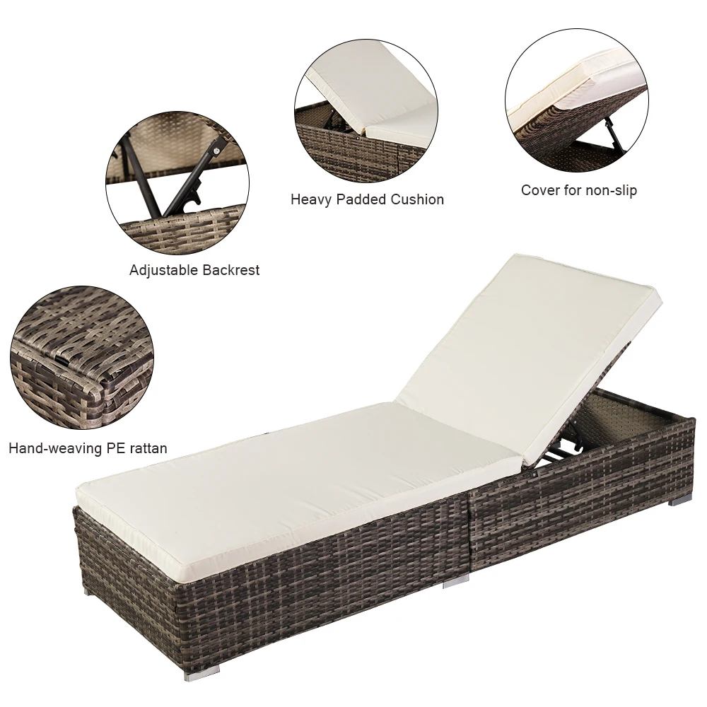 Tempat Tidur Kolam Renang Chaise Lounge Bed Outdoor Leisure PE Rattan Furniture Iron Frame 122X72X22CM Abu-abu/Coklat/Hitam [US-Stock]